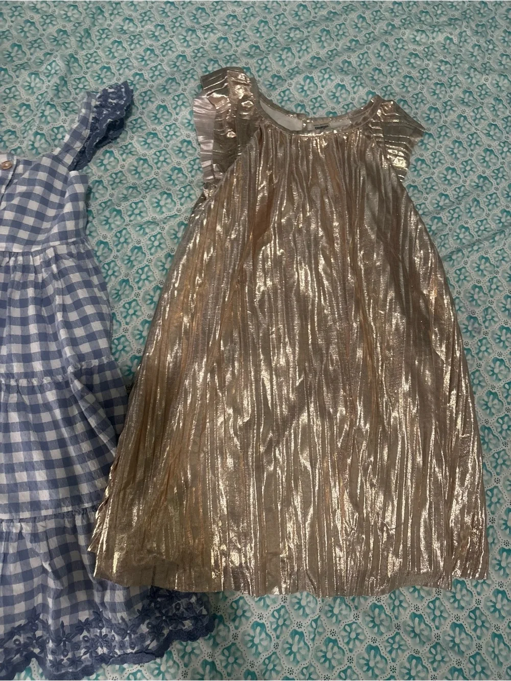 Shabby Chic Blue Gingham Dress & Gold Metallic Party Dress lot of 2 dresses